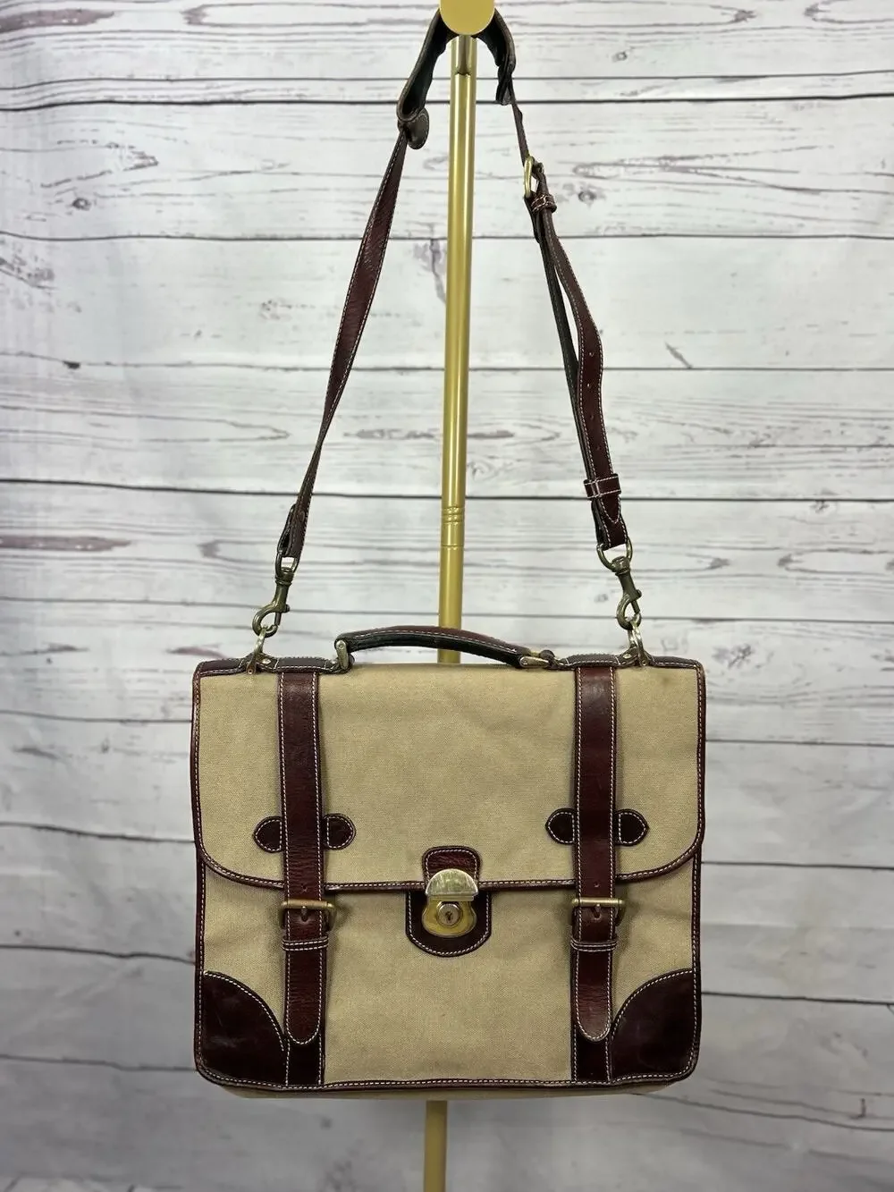 Vtg Holland Khaki Battenkill Canvas Saddle Leather Briefcase Messenger Bag USA